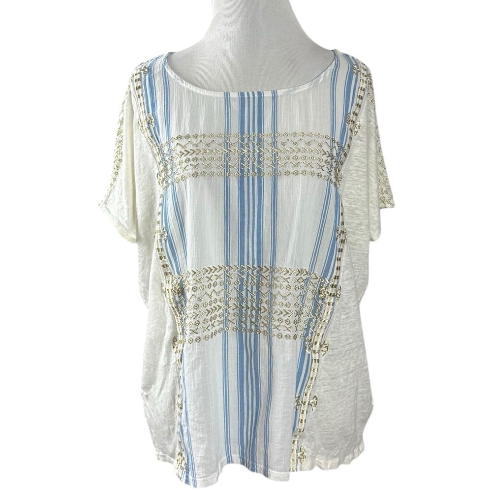 J.Crew Coastal Grandma Bohemian Embroidered Linen Oversized Boxy Tee Large Gold